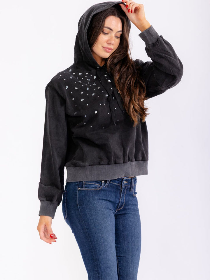 WOMEN'S LONG SLEEVE STUDS PULLOVER HOODED WASHED SWEATERS