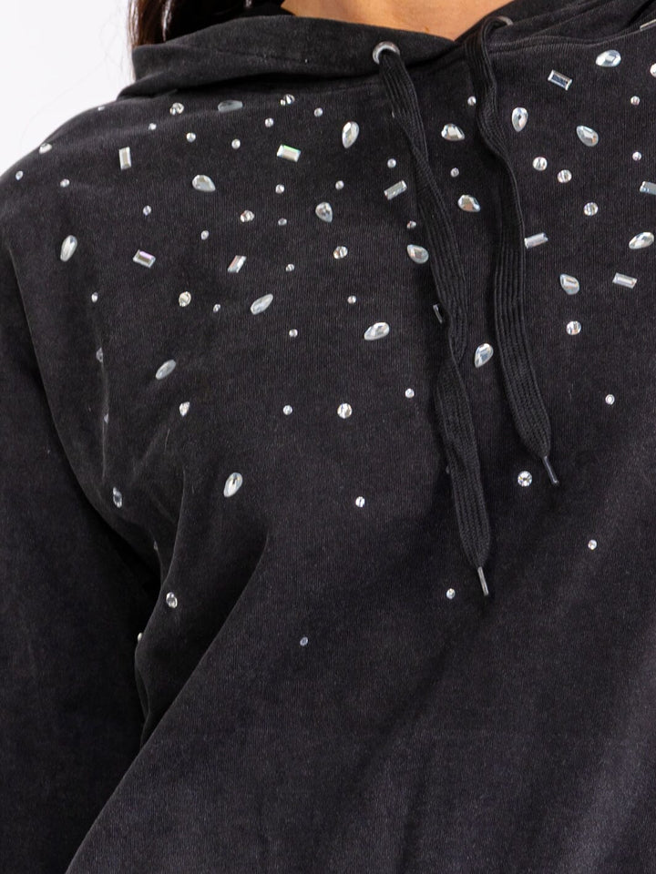 WOMEN'S LONG SLEEVE STUDS PULLOVER HOODED WASHED SWEATERS