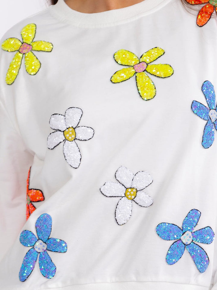 WOMEN'S LONG SLEEVE SEQUINS FLOWERS PULLOVER SWEATERS