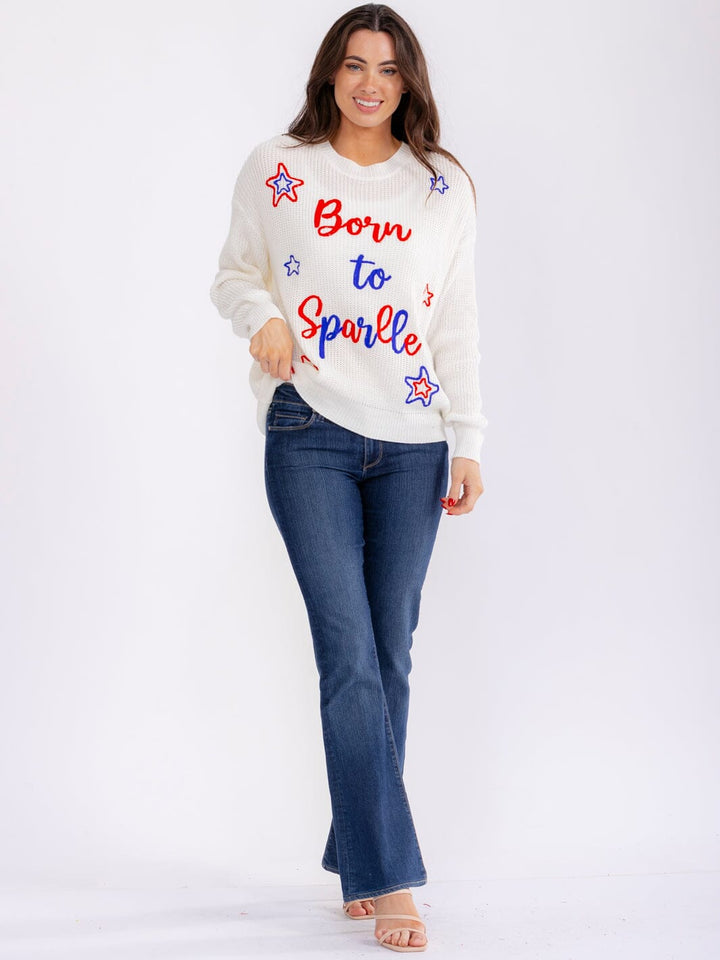WOMEN'S LONG SLEEVE DISTRESS BORN TO SPARKLE PULLOVER SWEATERS