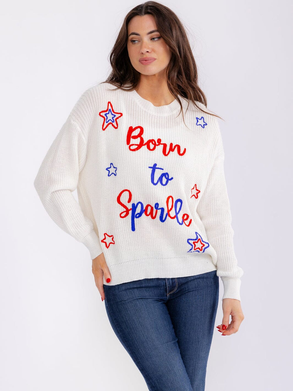 WOMEN'S LONG SLEEVE DISTRESS BORN TO SPARKLE PULLOVER SWEATERS