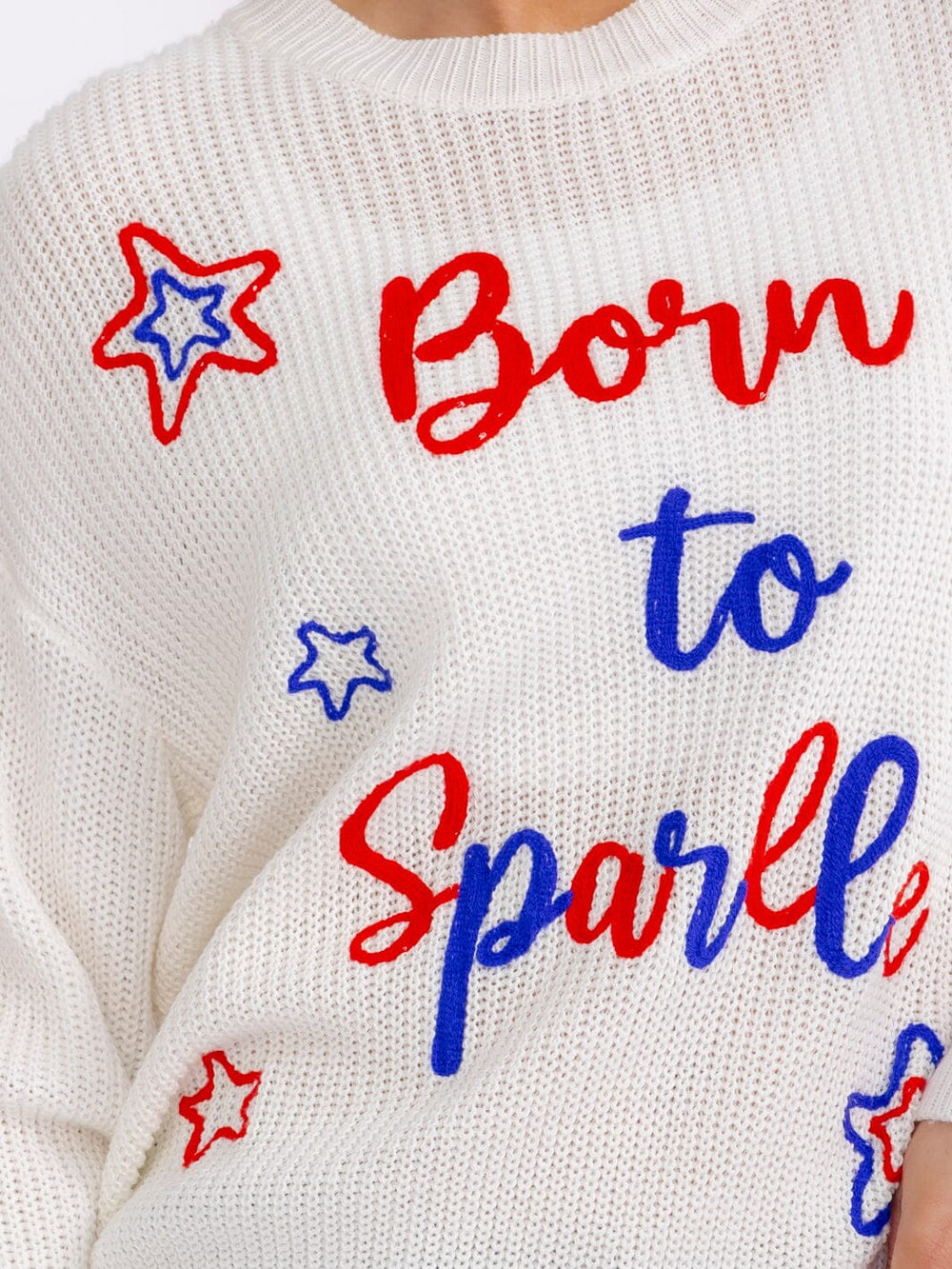 WOMEN'S LONG SLEEVE DISTRESS BORN TO SPARKLE PULLOVER SWEATERS