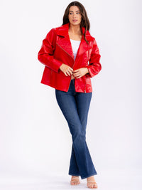 WOMEN'S LONG SLEEVE ZIP UP FRONT POCKETS PU PLEATHER JACKET