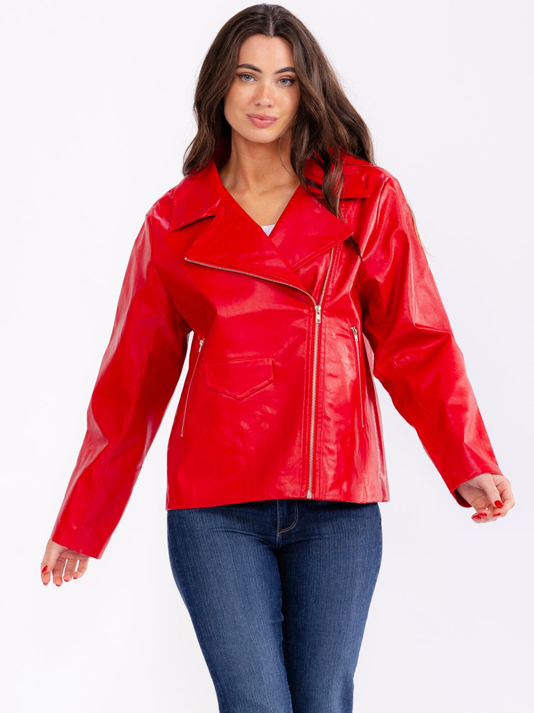WOMEN'S LONG SLEEVE ZIP UP FRONT POCKETS PU PLEATHER JACKET