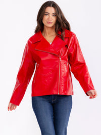 WOMEN'S LONG SLEEVE ZIP UP FRONT POCKETS PU PLEATHER JACKET
