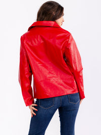 WOMEN'S LONG SLEEVE ZIP UP FRONT POCKETS PU PLEATHER JACKET