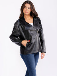 WOMEN'S LONG SLEEVE ZIP UP FRONT POCKETS PU PLEATHER JACKET