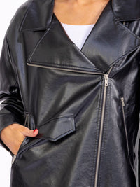 WOMEN'S LONG SLEEVE ZIP UP FRONT POCKETS PU PLEATHER JACKET