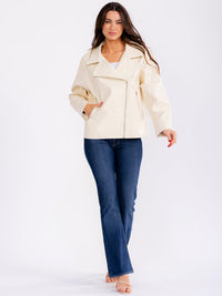 WOMEN'S LONG SLEEVE ZIP UP FRONT POCKETS PU PLEATHER JACKET