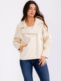 WOMEN'S LONG SLEEVE ZIP UP FRONT POCKETS PU PLEATHER JACKET