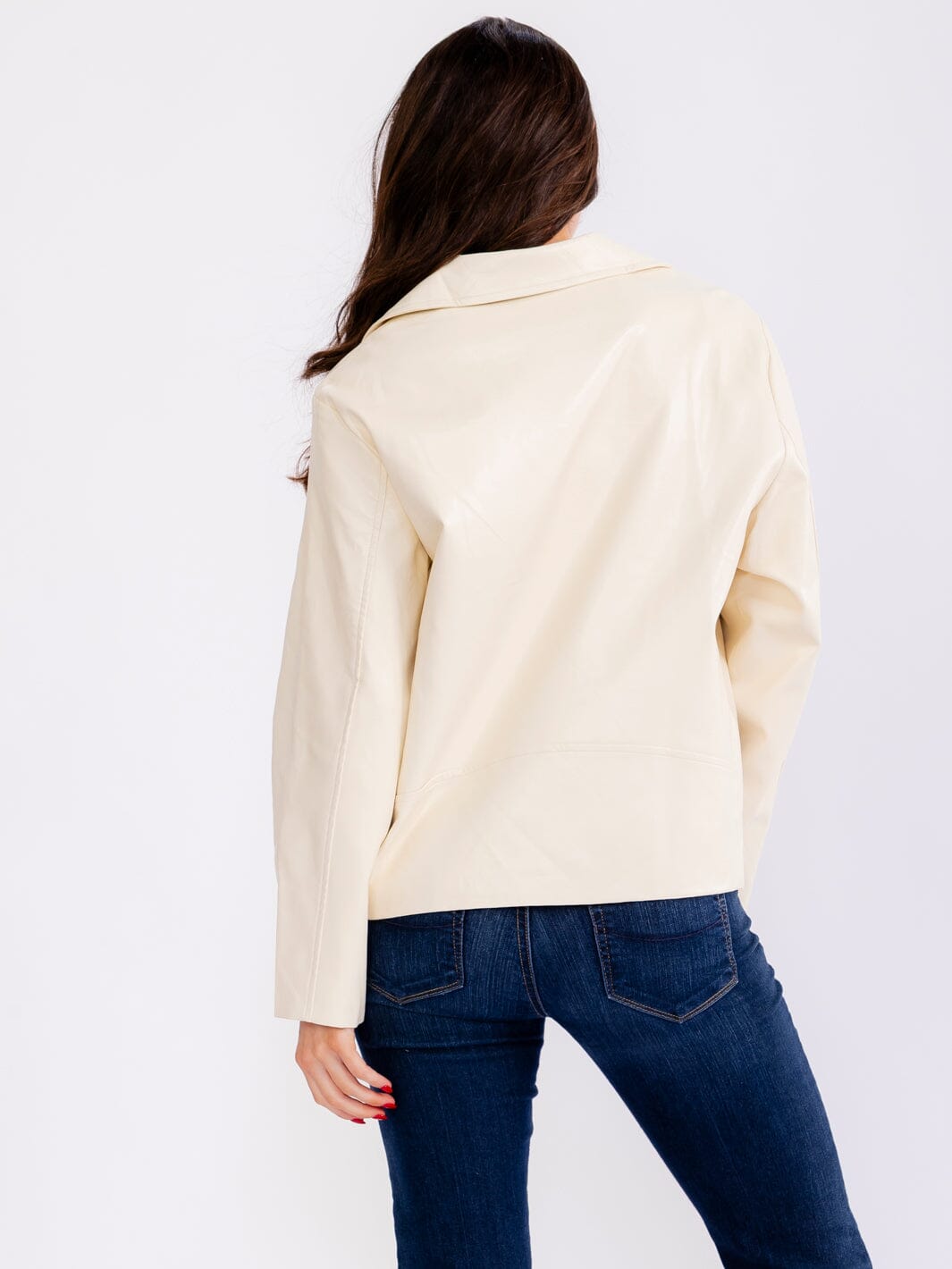 WOMEN'S LONG SLEEVE ZIP UP FRONT POCKETS PU PLEATHER JACKET