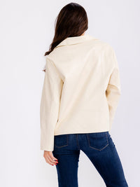 WOMEN'S LONG SLEEVE ZIP UP FRONT POCKETS PU PLEATHER JACKET