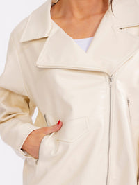 WOMEN'S LONG SLEEVE ZIP UP FRONT POCKETS PU PLEATHER JACKET