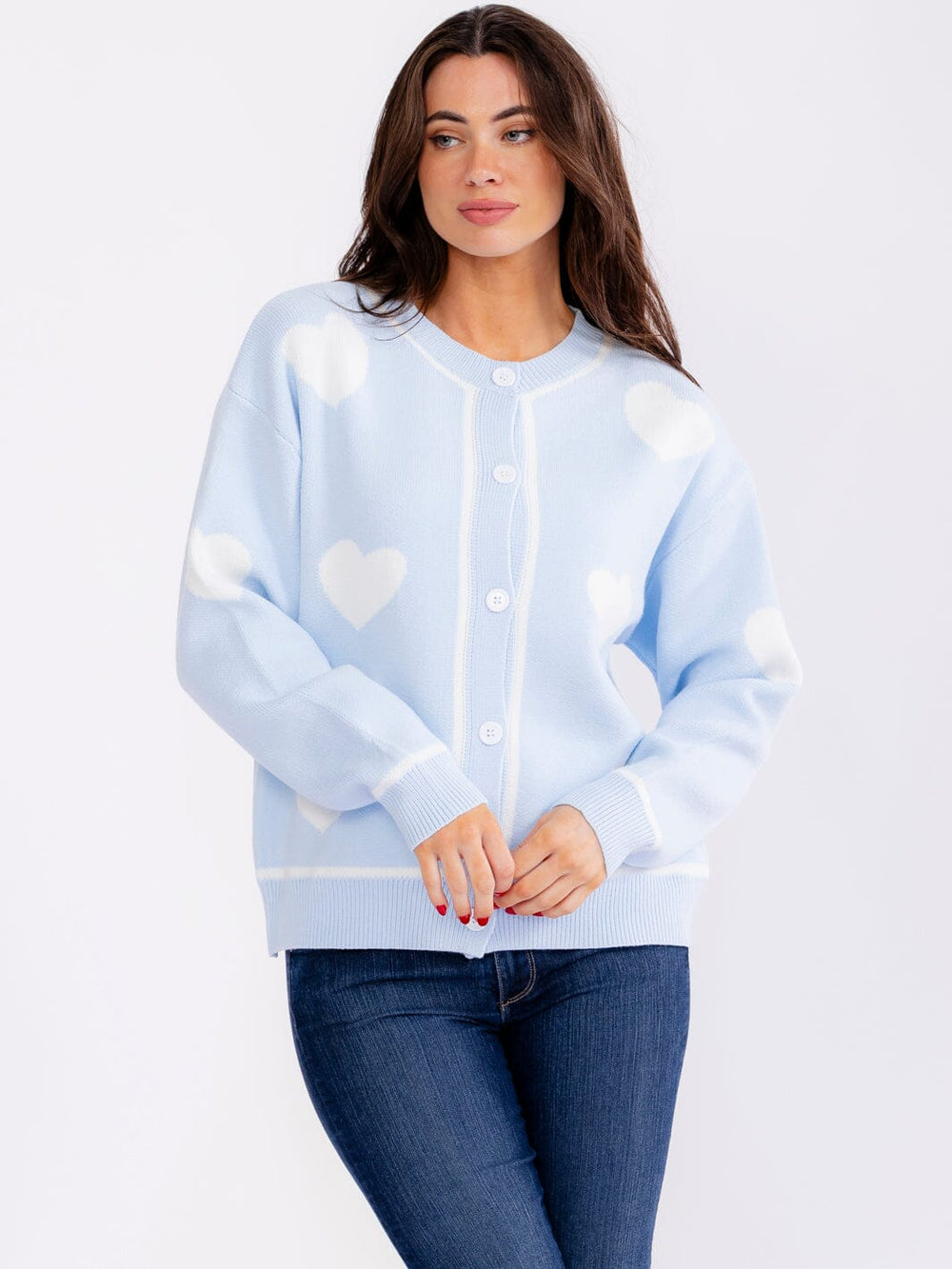 WOMEN'S LONG SLEEVE BUTTON CLOSURE COLORBLOCK HEARTS SWEATERS