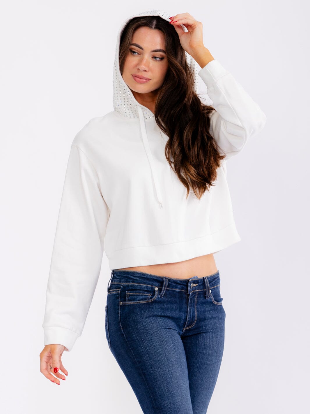 WOMEN'S LONG SLEEVE RHINESTONE HOODED PULLOVER SWEATERS