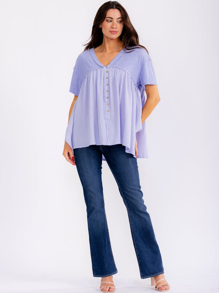 WOMEN'S SHORT SLEEVE V-NECK BUTTON UP LOOSE FIT CONTRAST TOP