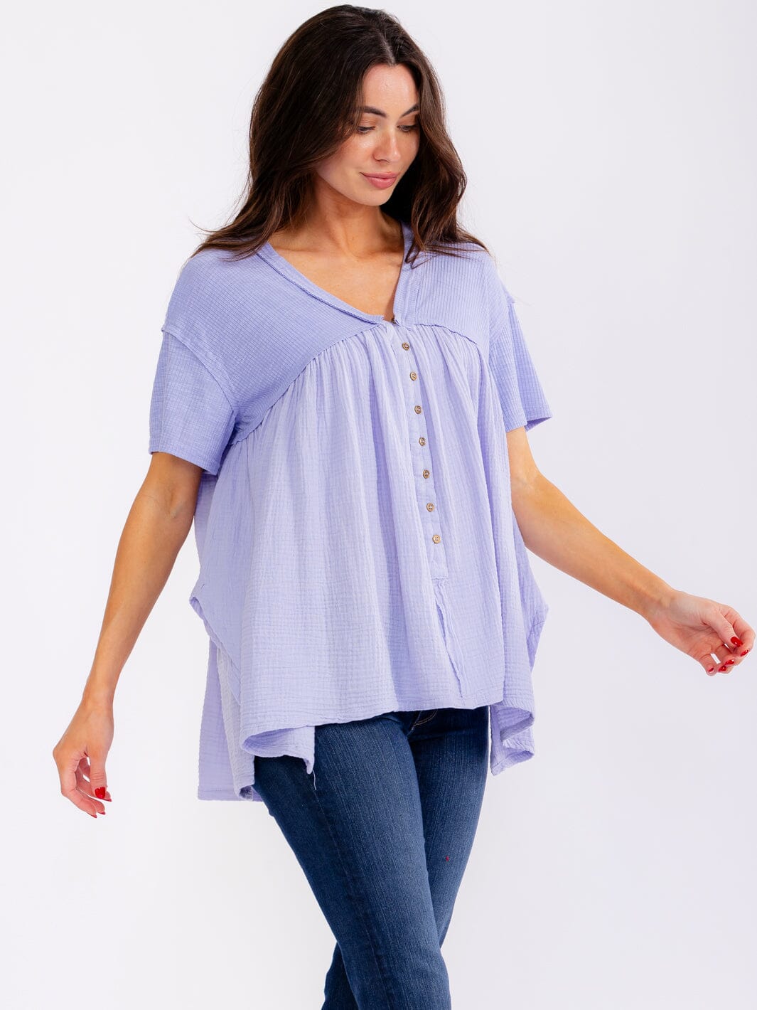 WOMEN'S SHORT SLEEVE V-NECK BUTTON UP LOOSE FIT CONTRAST TOP
