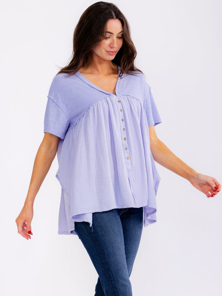 WOMEN'S SHORT SLEEVE V-NECK BUTTON UP LOOSE FIT CONTRAST TOP