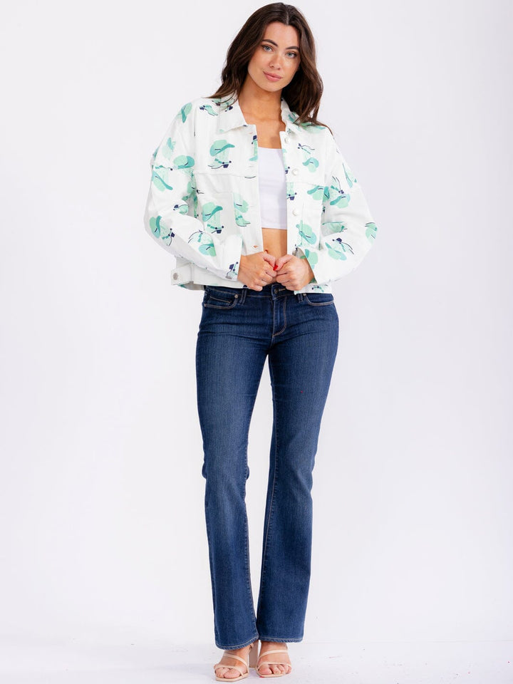 WOMEN'S LONG SLEEVE BUTTON CLOSURE FRONT POCKETS WESTERN PRINT DENIM JACKET