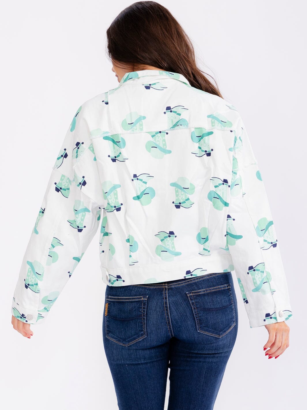 WOMEN'S LONG SLEEVE BUTTON CLOSURE FRONT POCKETS WESTERN PRINT DENIM JACKET