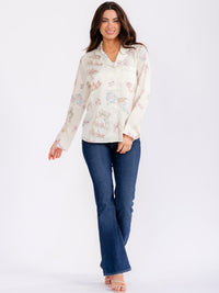 WOMEN'S LONG SLEEVE BUTTON UP FRONT POCKET MULTI PRINT BLOUSE