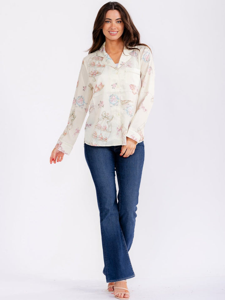 WOMEN'S LONG SLEEVE BUTTON UP FRONT POCKET MULTI PRINT BLOUSE