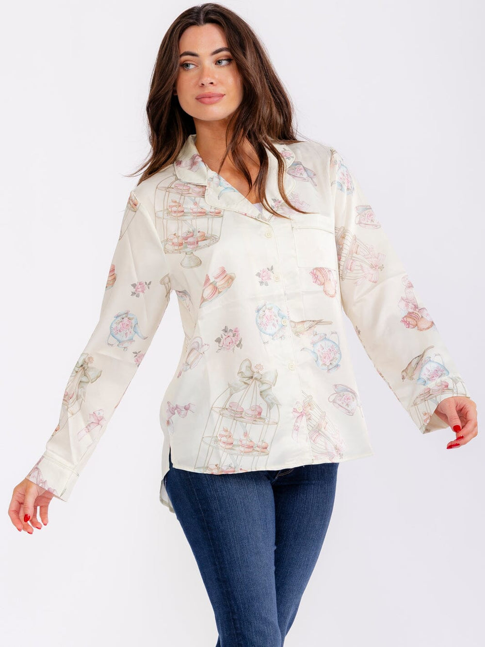 WOMEN'S LONG SLEEVE BUTTON UP FRONT POCKET MULTI PRINT BLOUSE