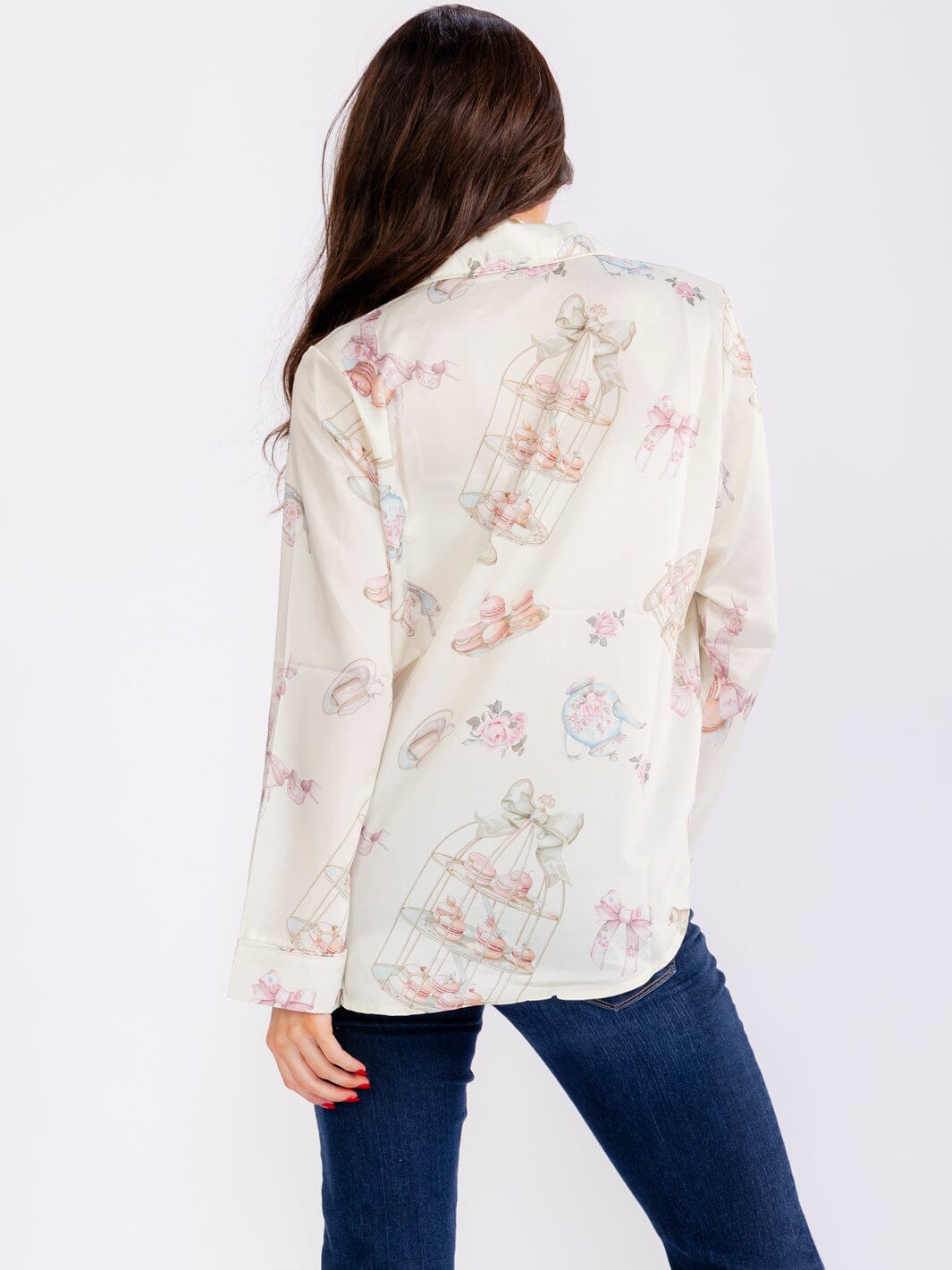 WOMEN'S LONG SLEEVE BUTTON UP FRONT POCKET MULTI PRINT BLOUSE