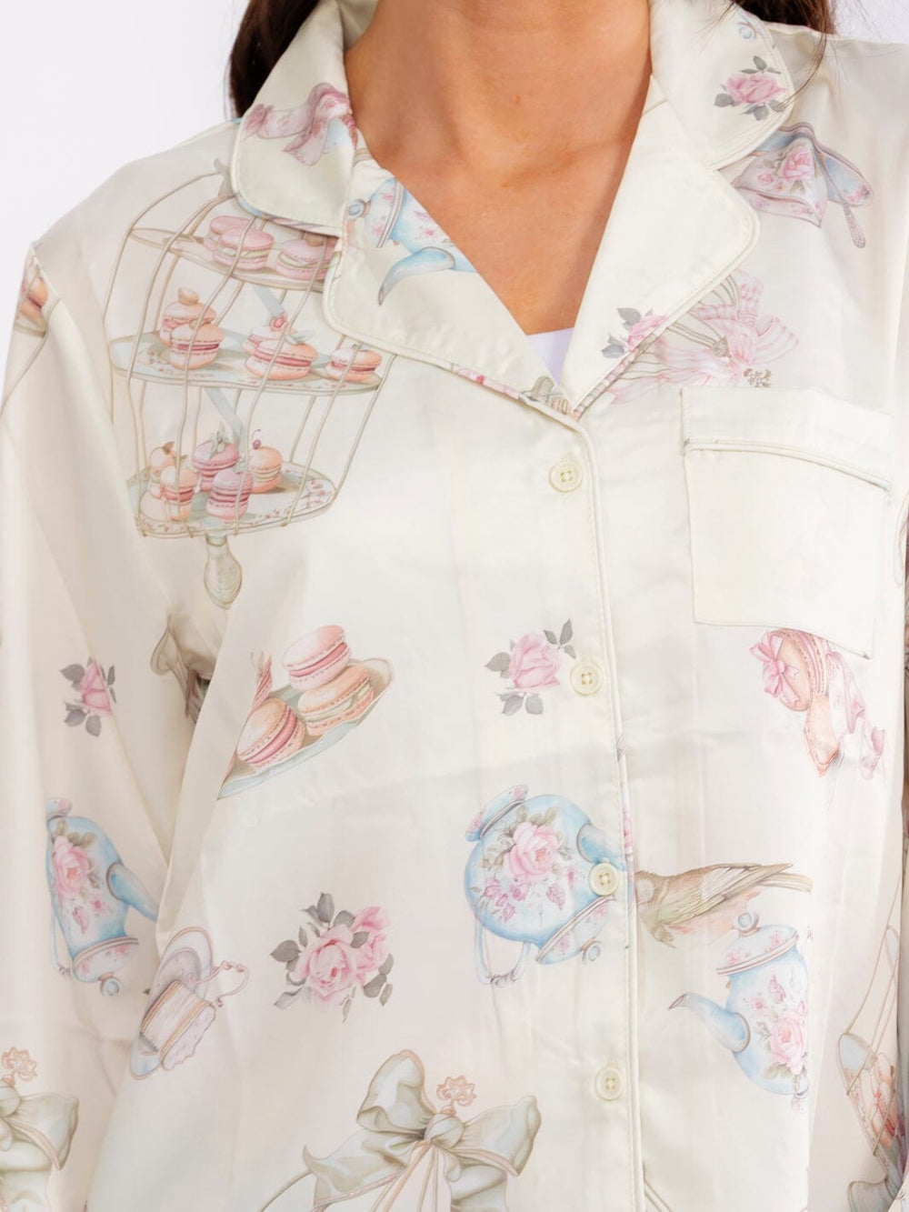 WOMEN'S LONG SLEEVE BUTTON UP FRONT POCKET MULTI PRINT BLOUSE