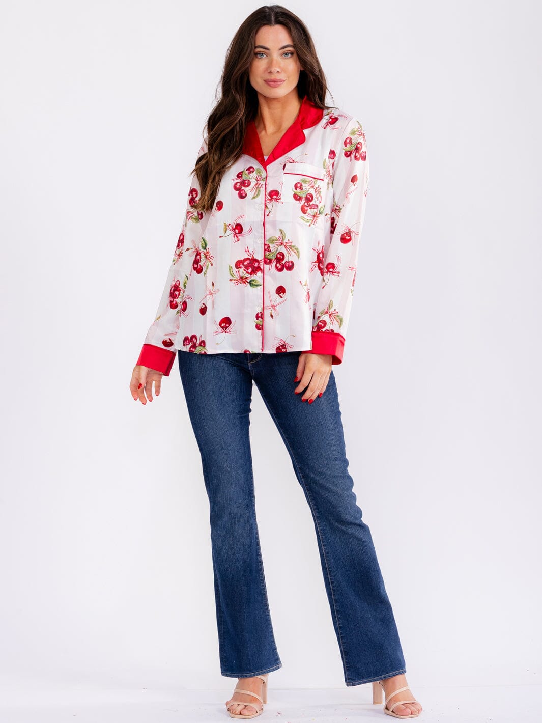 WOMEN'S LONG SLEEVE BUTTON UP FRONT POCKET CHERRY PRINT BLOUSE