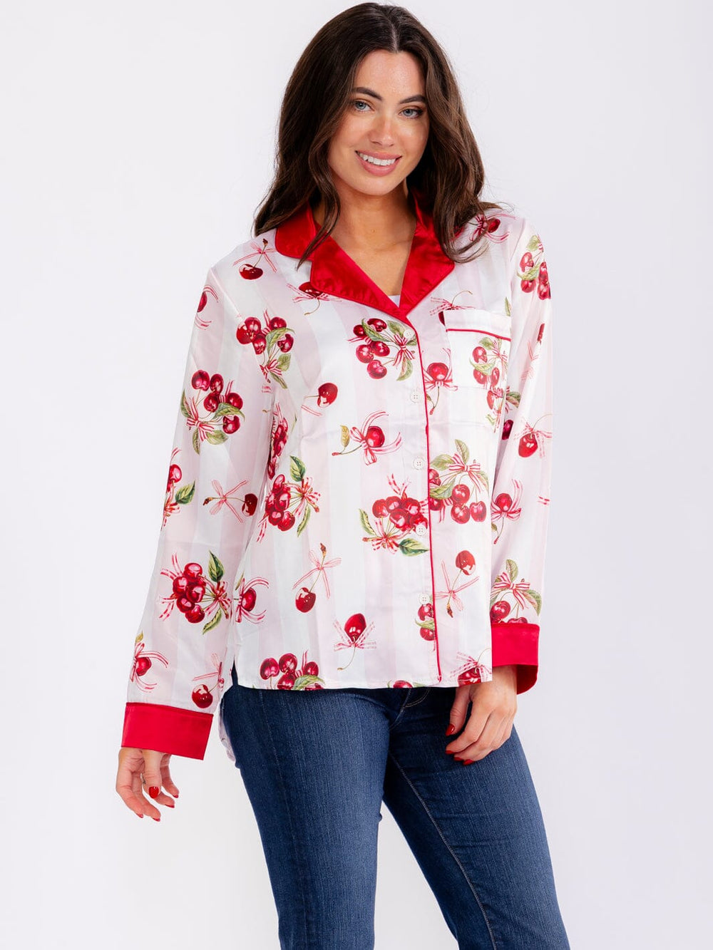 WOMEN'S LONG SLEEVE BUTTON UP FRONT POCKET CHERRY PRINT BLOUSE