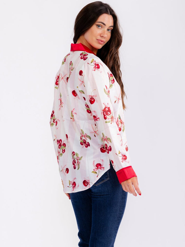 WOMEN'S LONG SLEEVE BUTTON UP FRONT POCKET CHERRY PRINT BLOUSE