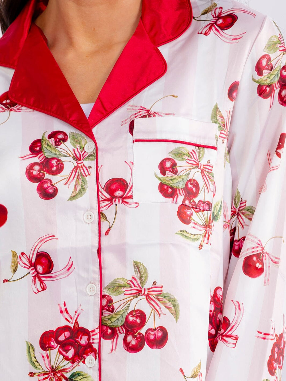 WOMEN'S LONG SLEEVE BUTTON UP FRONT POCKET CHERRY PRINT BLOUSE