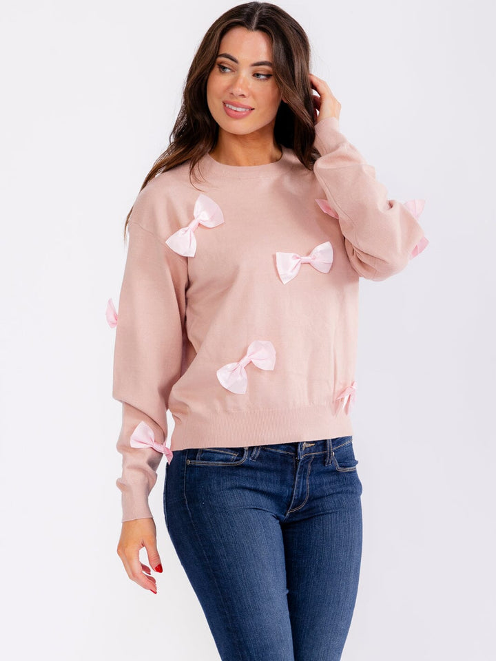 WOMEN'S LONG SLEEVE BOW DETAILED PULLOVER SWEATER