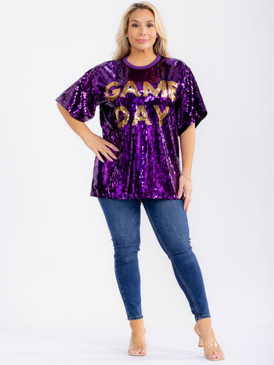PLUS SIZE SHORT SLEEVE GAME DAY SEQUINS TOP