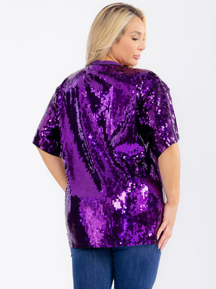 PLUS SIZE SHORT SLEEVE GAME DAY SEQUINS TOP