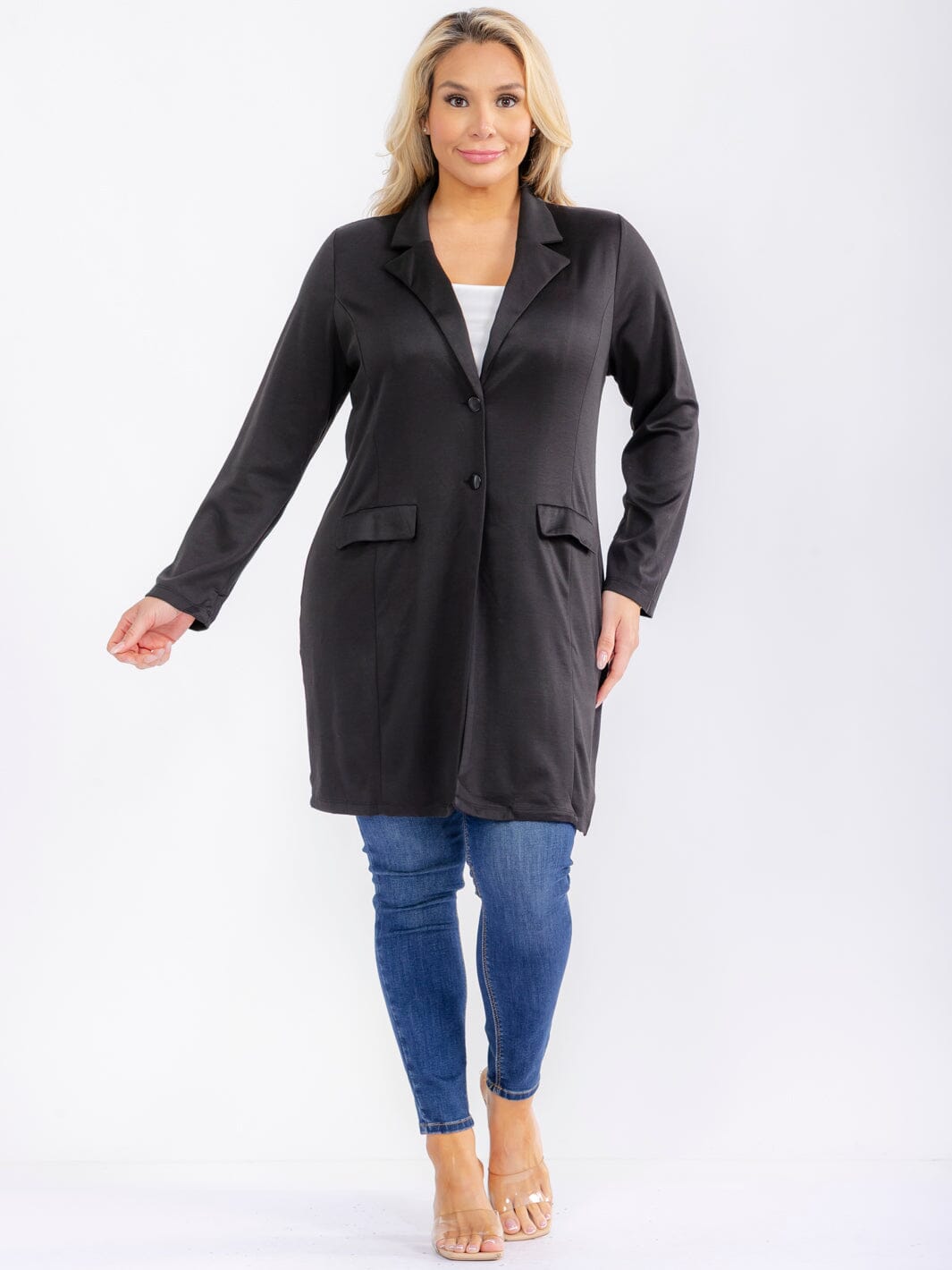 PLUS SIZE LONG SLEEVE BUTTON CLOSURE FRONT POCKETS CARDIGAN
