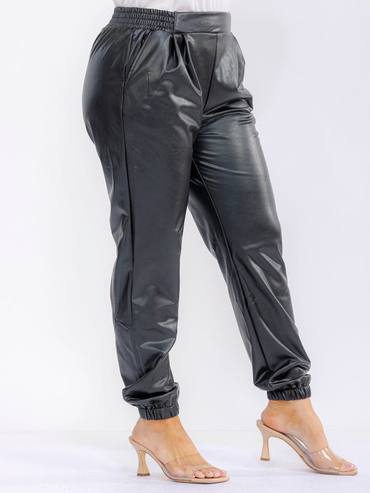 PLUS SIZE ELASTIC WAIST FRONT POCKETS JOGGER LEGS PU PLEATHER PANTS