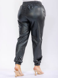 PLUS SIZE ELASTIC WAIST FRONT POCKETS JOGGER LEGS PU PLEATHER PANTS