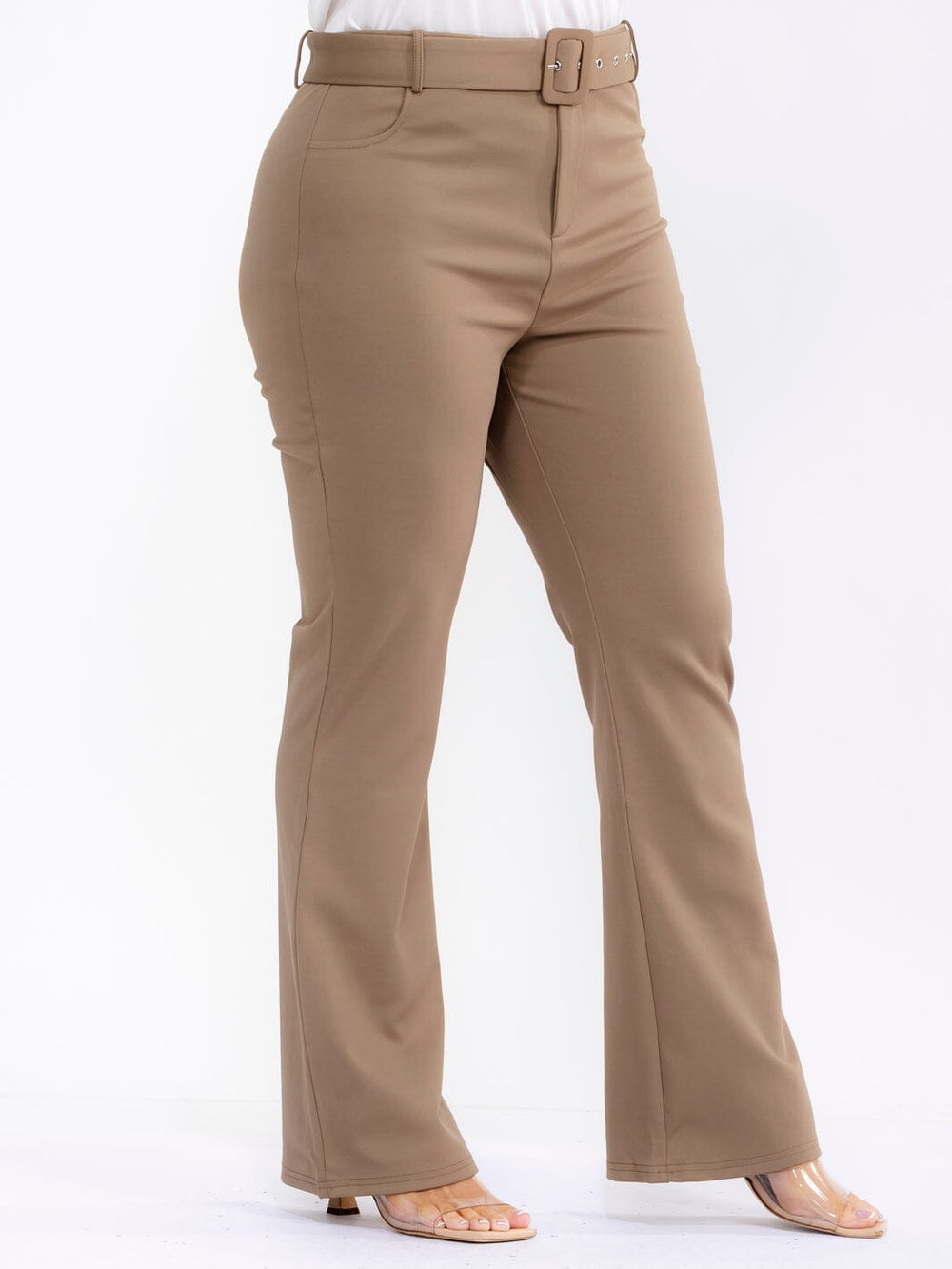PLUS SIZE BUTTON CLOSURE BELT STRETCH BELL LEG PANTS