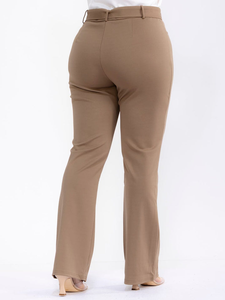 PLUS SIZE BUTTON CLOSURE BELT STRETCH BELL LEG PANTS
