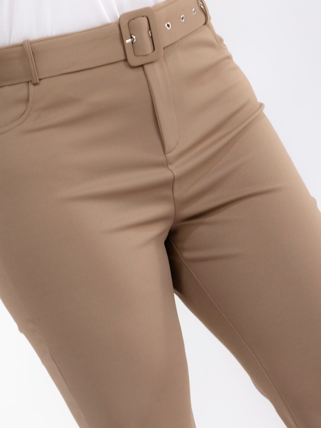 PLUS SIZE BUTTON CLOSURE BELT STRETCH BELL LEG PANTS