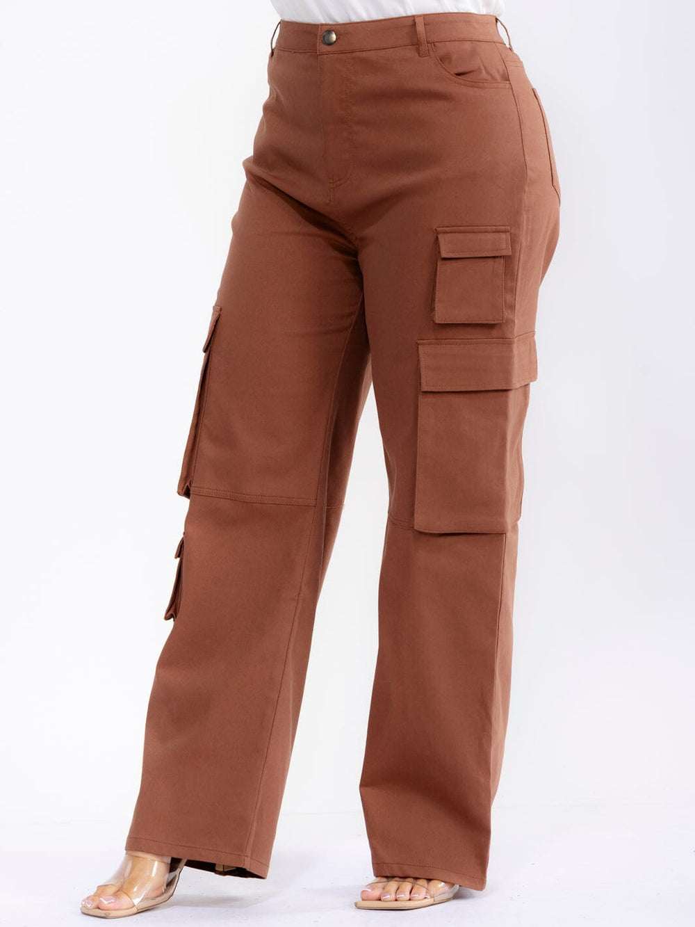 PLUS SIZE BUTTON CLOSURE CARGO POCKETS STRAIGHT LEG PANTS