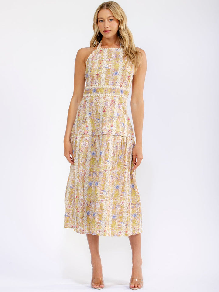 JUST ME WOMEN'S SLEEVELESS HALTER NECK SMOCK FLORAL EMBROIDERY MAXI DRESS