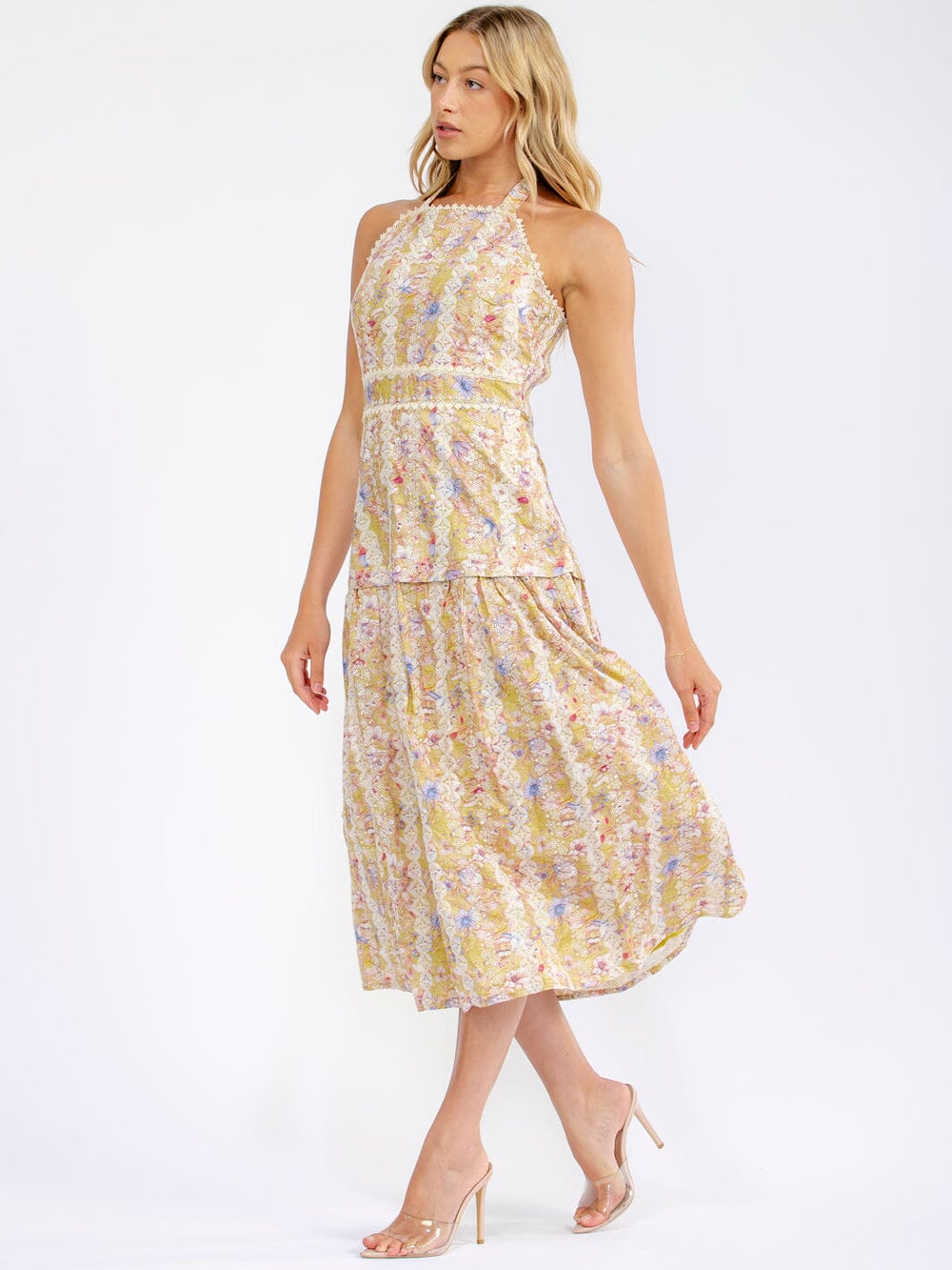 JUST ME WOMEN'S SLEEVELESS HALTER NECK SMOCK FLORAL EMBROIDERY MAXI DRESS