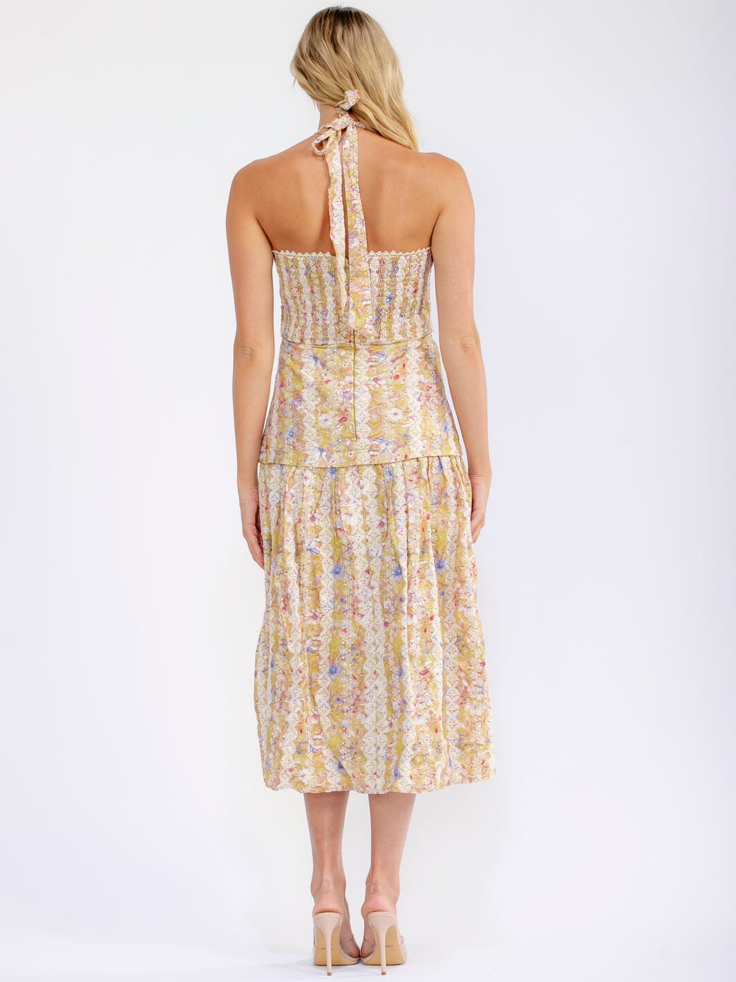 JUST ME WOMEN'S SLEEVELESS HALTER NECK SMOCK FLORAL EMBROIDERY MAXI DRESS