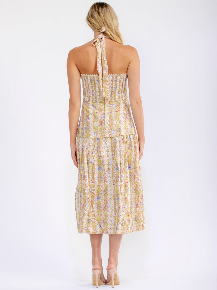 JUST ME WOMEN'S SLEEVELESS HALTER NECK SMOCK FLORAL EMBROIDERY MAXI DRESS