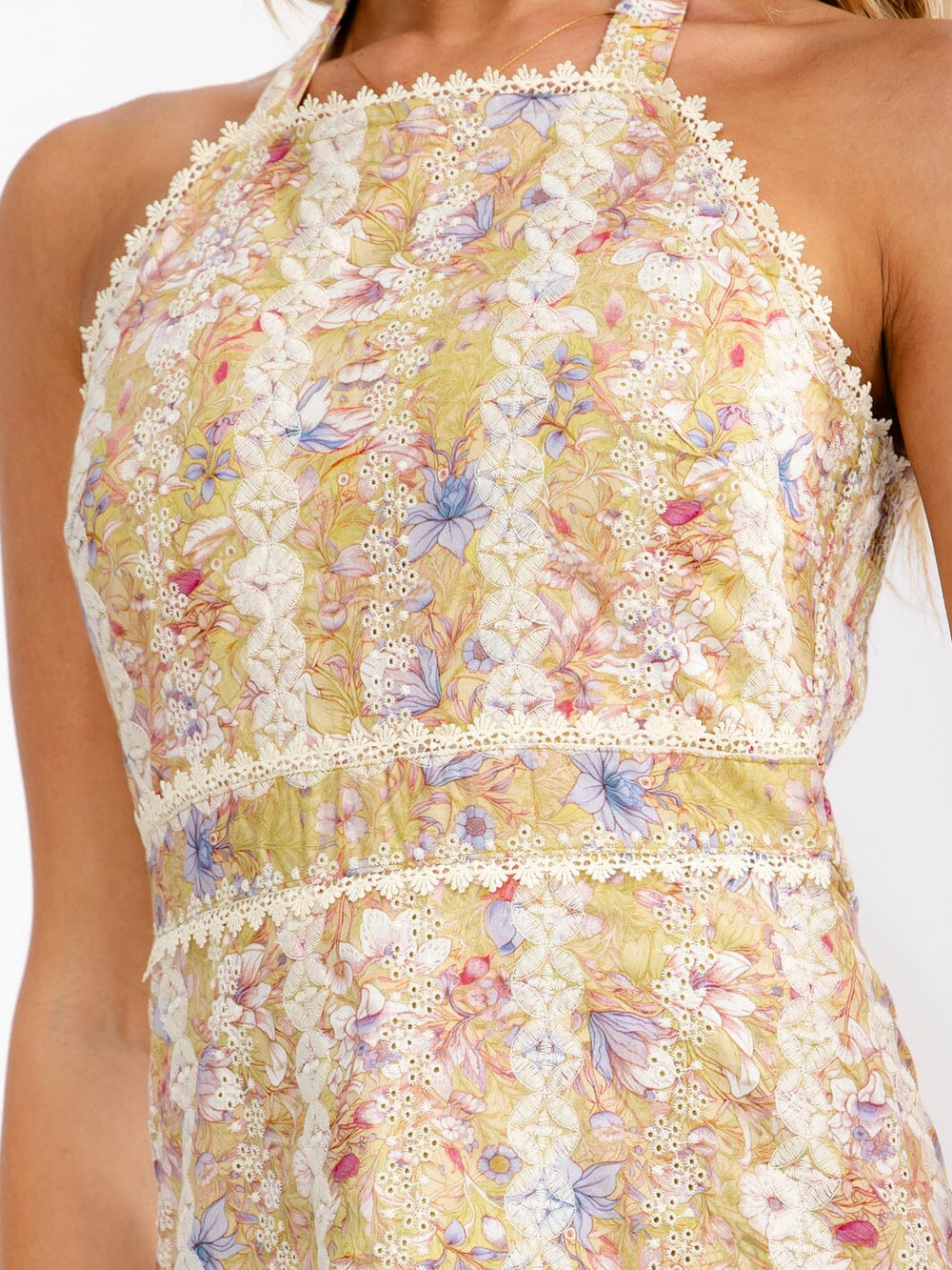 JUST ME WOMEN'S SLEEVELESS HALTER NECK SMOCK FLORAL EMBROIDERY MAXI DRESS