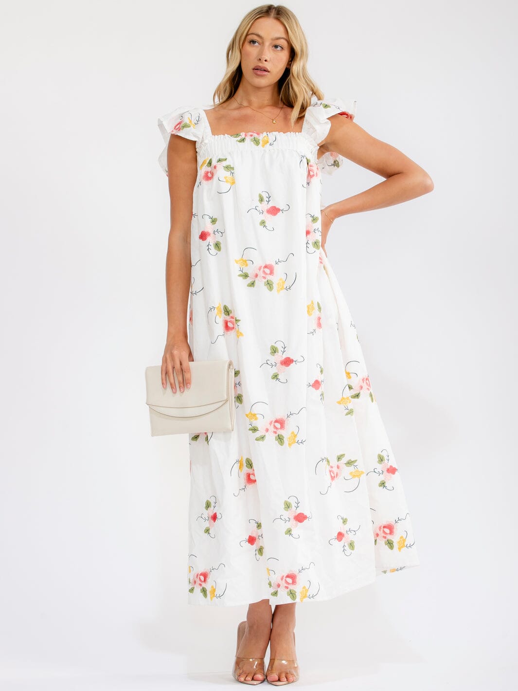 JUST ME WOMEN'S SLEEVELESS SQUARE NECK FRONT POCKETS FLORAL EMBROIDERY MAXI DRESS