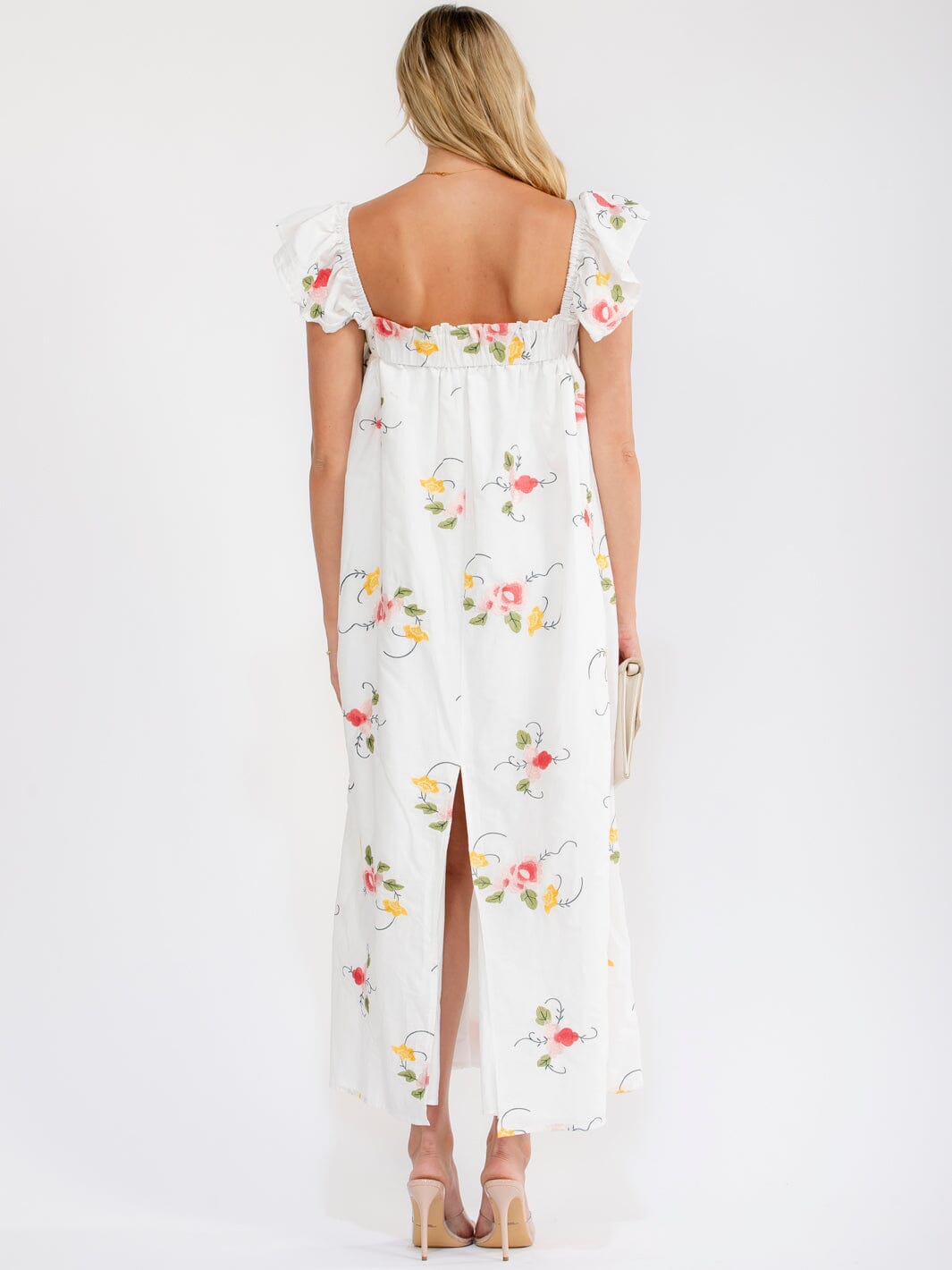 JUST ME WOMEN'S SLEEVELESS SQUARE NECK FRONT POCKETS FLORAL EMBROIDERY MAXI DRESS